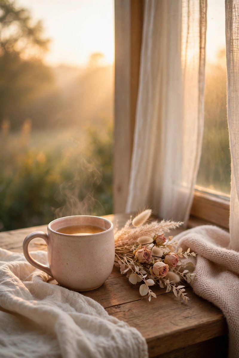 A warm mug of tea by a sunny window in the morning