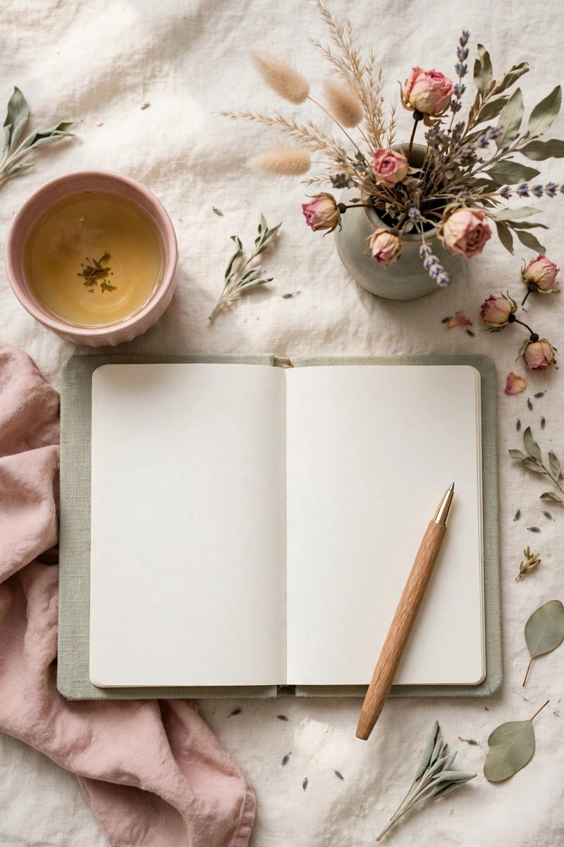 An open journal with a pen and a cup of tea